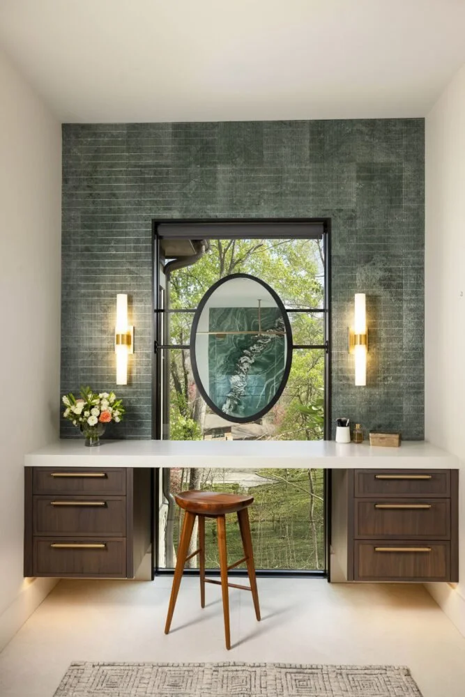 Primary bathroom of a custom home, interiors by Northside Interior Design.