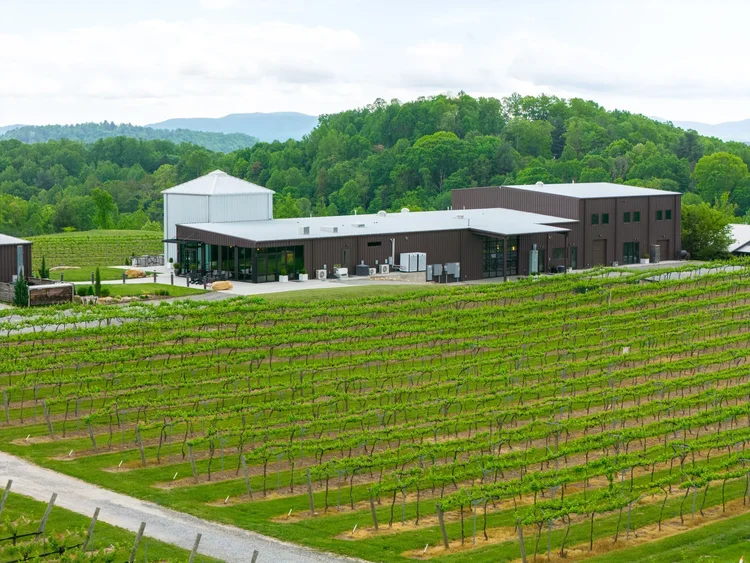 Aerial view of Marked Tree Vineyard, built by Cooper Construction — hospitality architecture photography by Jack Robert.