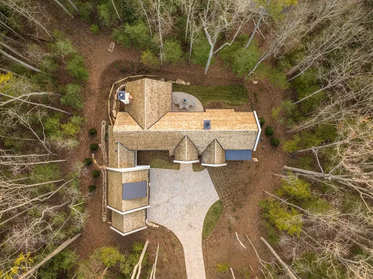 Aerial view of a custom home exterior, built by Dillard-Jones.