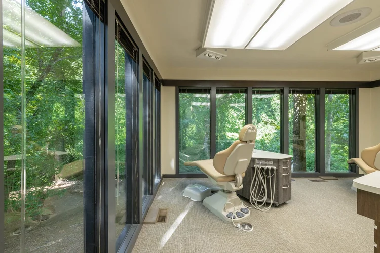 Modern dental exam room with forest-view windows