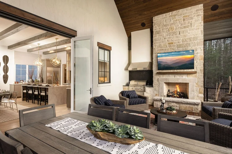 Outdoor living space of a custom home, built by Dillard-Jones.
