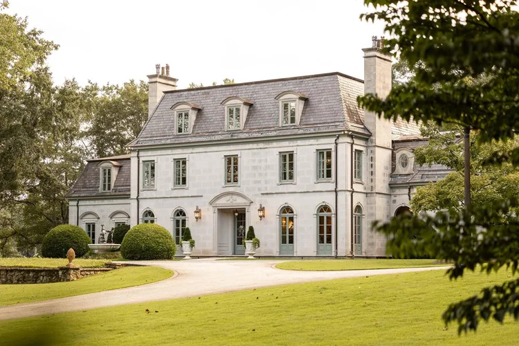 Exterior of a French château estate in Chanticleer, Greenville, SC (view 3).