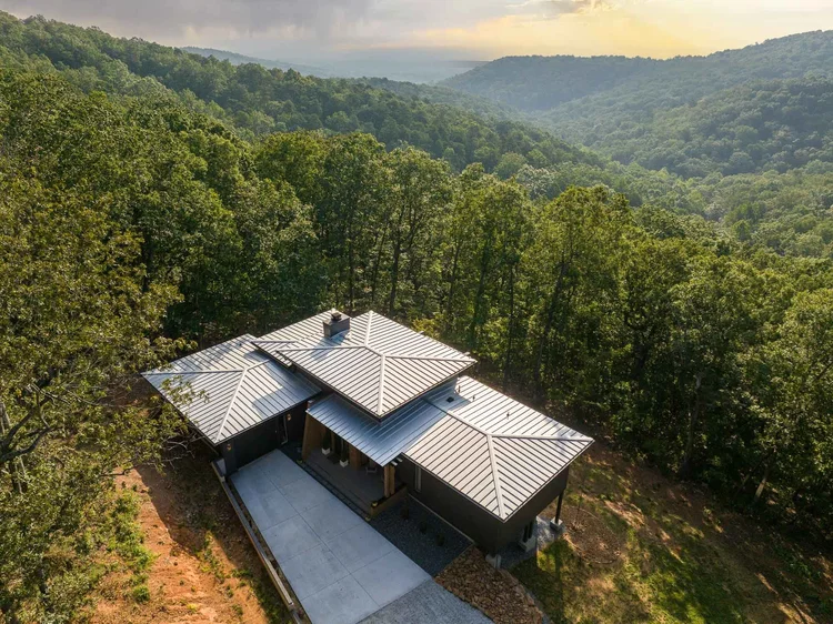 Aerial view of a custom home exterior, built by Fortress Architecture.
