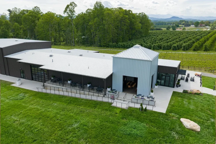 Aerial view of Marked Tree Vineyard, built by Cooper Construction — hospitality architecture photography by Jack Robert.