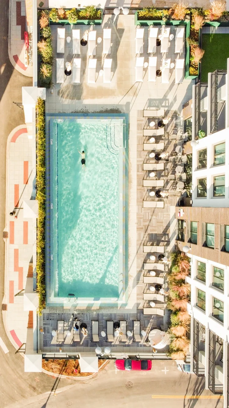 Aerial view of a rooftop pool area with a swimmer, surrounded by lounge chairs, umbrellas, and a garden with plants and trees. Nearby, there is a sidewalk and parked cars.