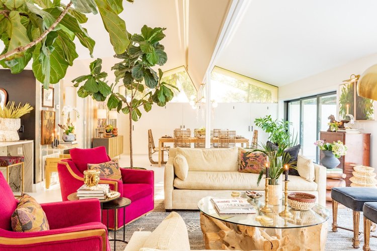 Living room of a mid-century modern custom home in Greenville, SC, interiors by Diggs Design (view 2).