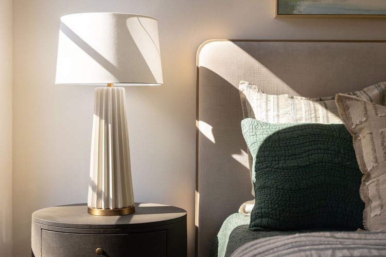 Guest room detail of a custom home, interiors by Northside Interior Design.