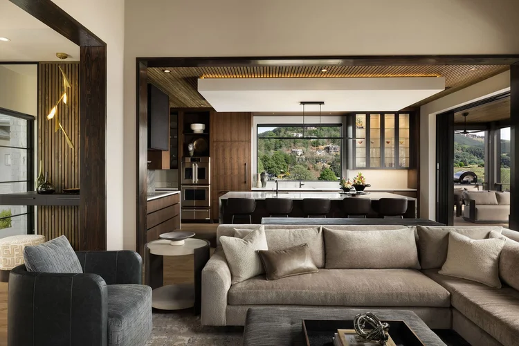 Living room of a custom home, interiors by Northside Interior Design (view 3).