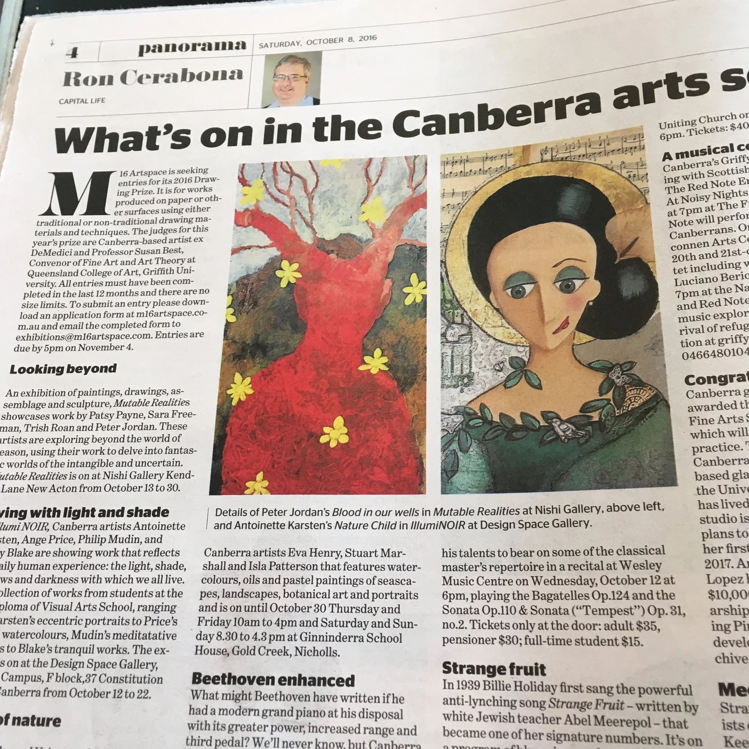 Canberra Times mention Exhibtion "Illumi NOIR" 8 Oct 2016