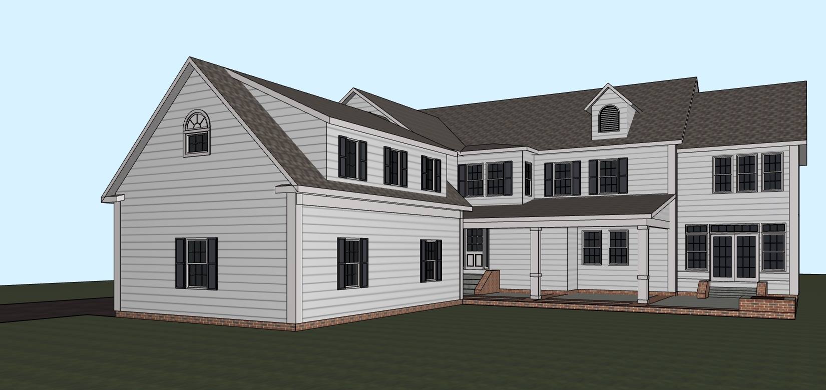 Conceptual rendering of garage & 2nd-story, kids, wing addition along with new, covered, patio area. Courtesy Kime Design LLC