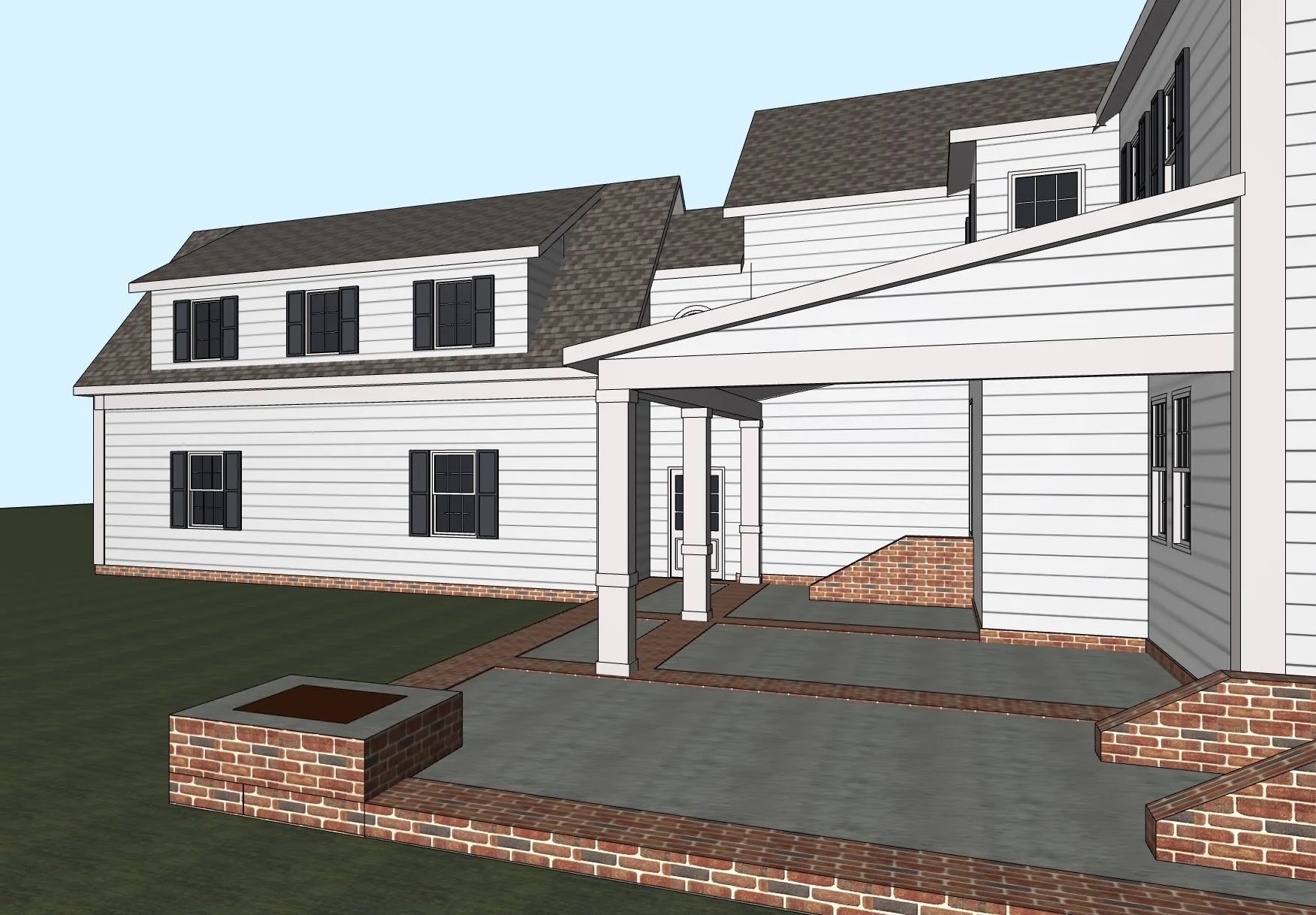Conceptual rendering of garage & 2nd-story, kids, wing addition along with new, covered, patio area. Courtesy Kime Design LLC