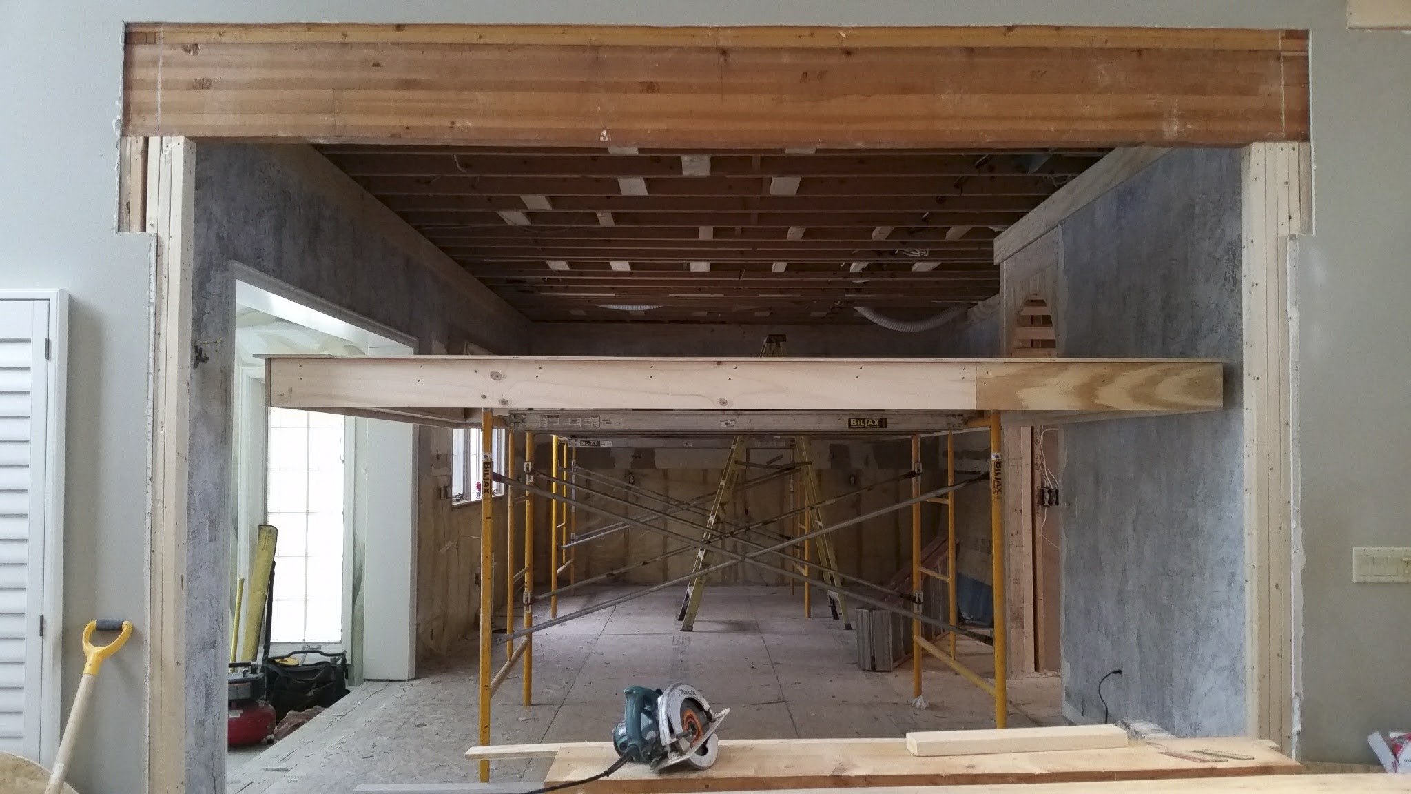 Coffered ceiling crafted by Valle Homes. Constructed on scaffolding to maximize efficiency. The entire assembly will be raised in one piece and secured to ceiling framing. 