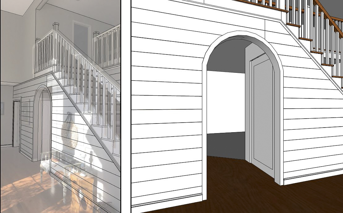 Exploring arched opening and shiplap walls in foyer. Visualizations by Valle Homes. 