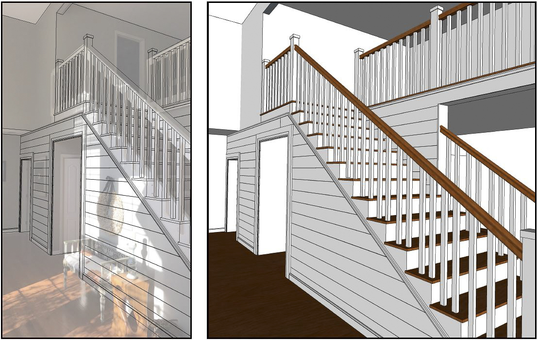 Concept for open tread stairway with wood banister. Drywall on this side of the foyer will be replaced with shiplap.