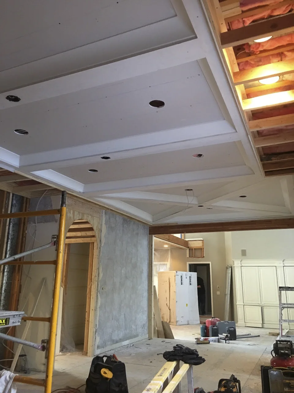 Coffered ceiling complete and awaiting wiring.