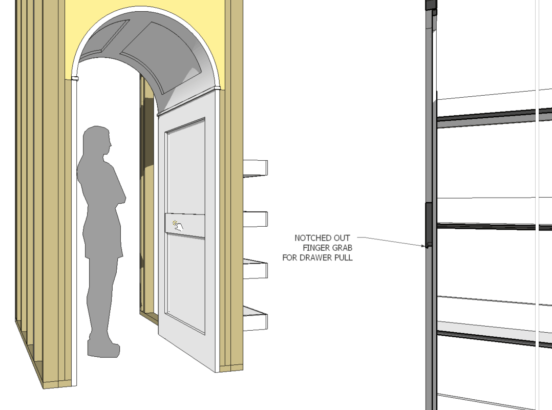 Arched, cased opening with hidden, sliding pantry drawer concept.