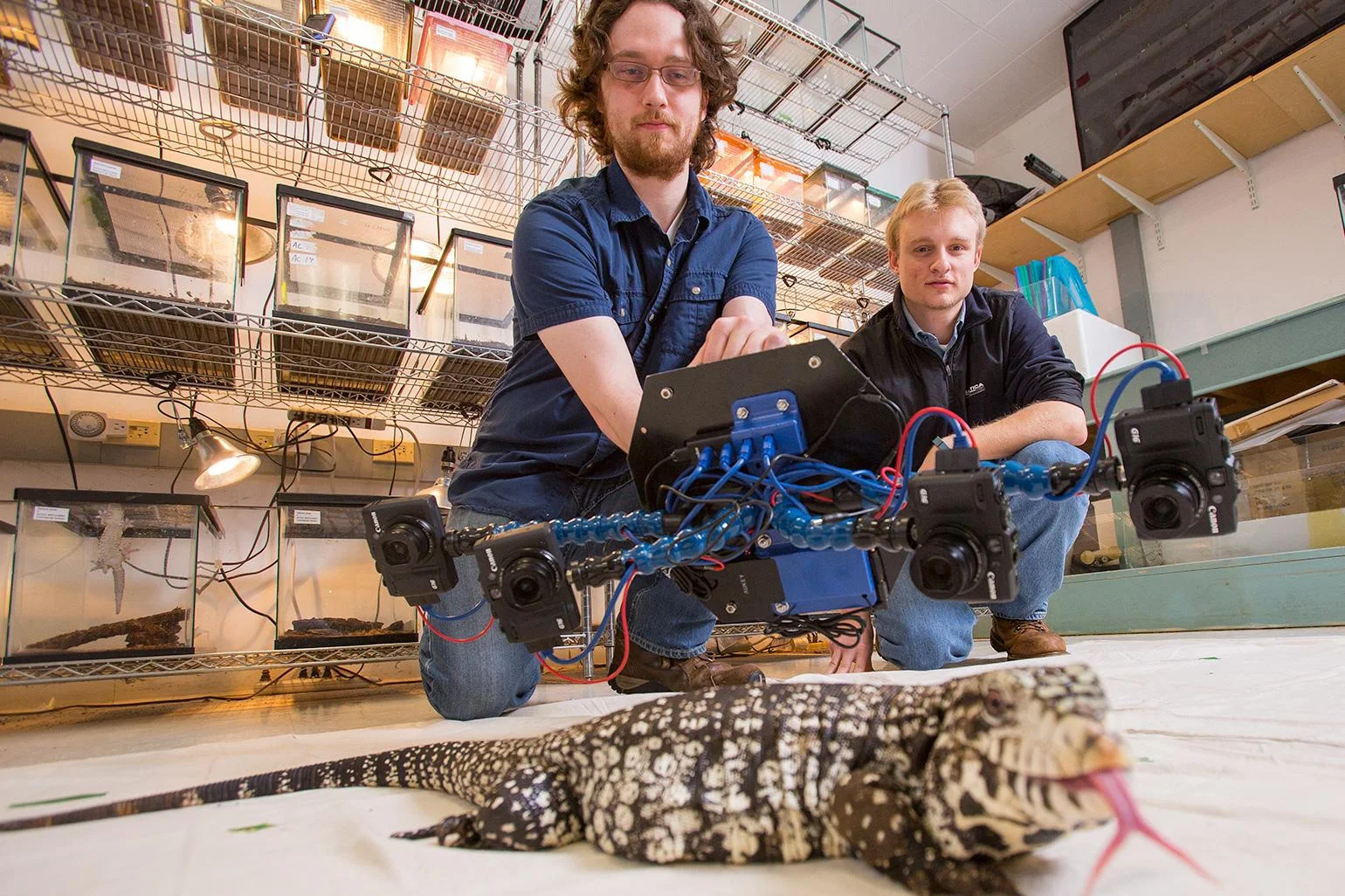 The original Beastcam - UMASS Amherst undergraduates Dylan Briggs and Kasey Smart are shown taking images of a Tegu using the original handheld Beastcam.