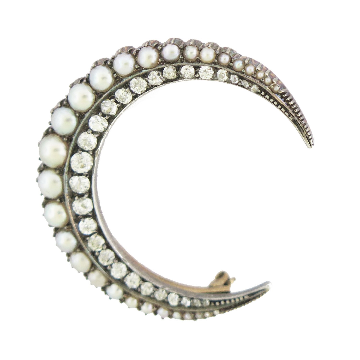 Pearl and Diamond Crescent Moon Large Brooch
