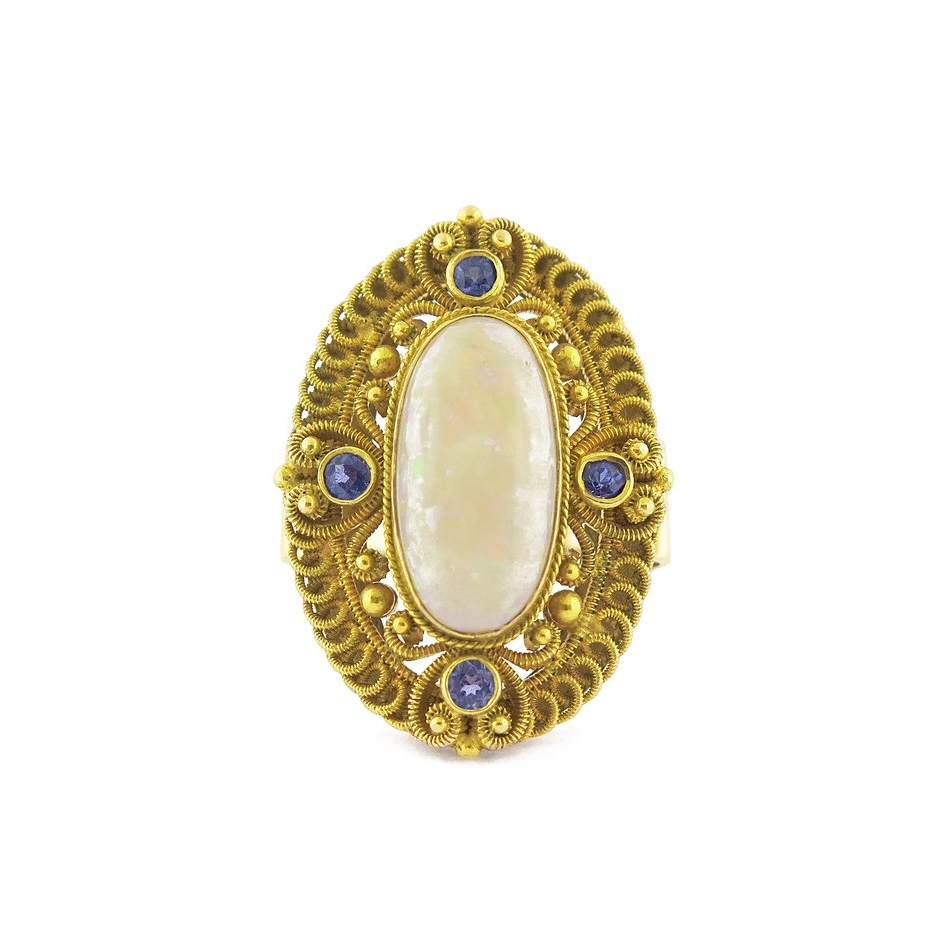 Opal and Sapphire Accents Filigree Gold Ring