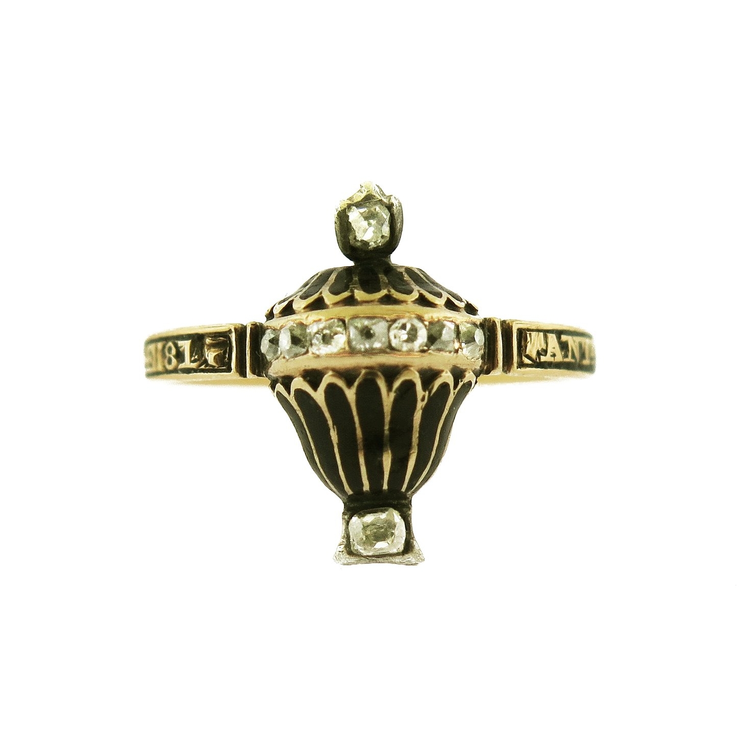 Georgian Black Enamel and Diamond Urn Ring, Dated 1767