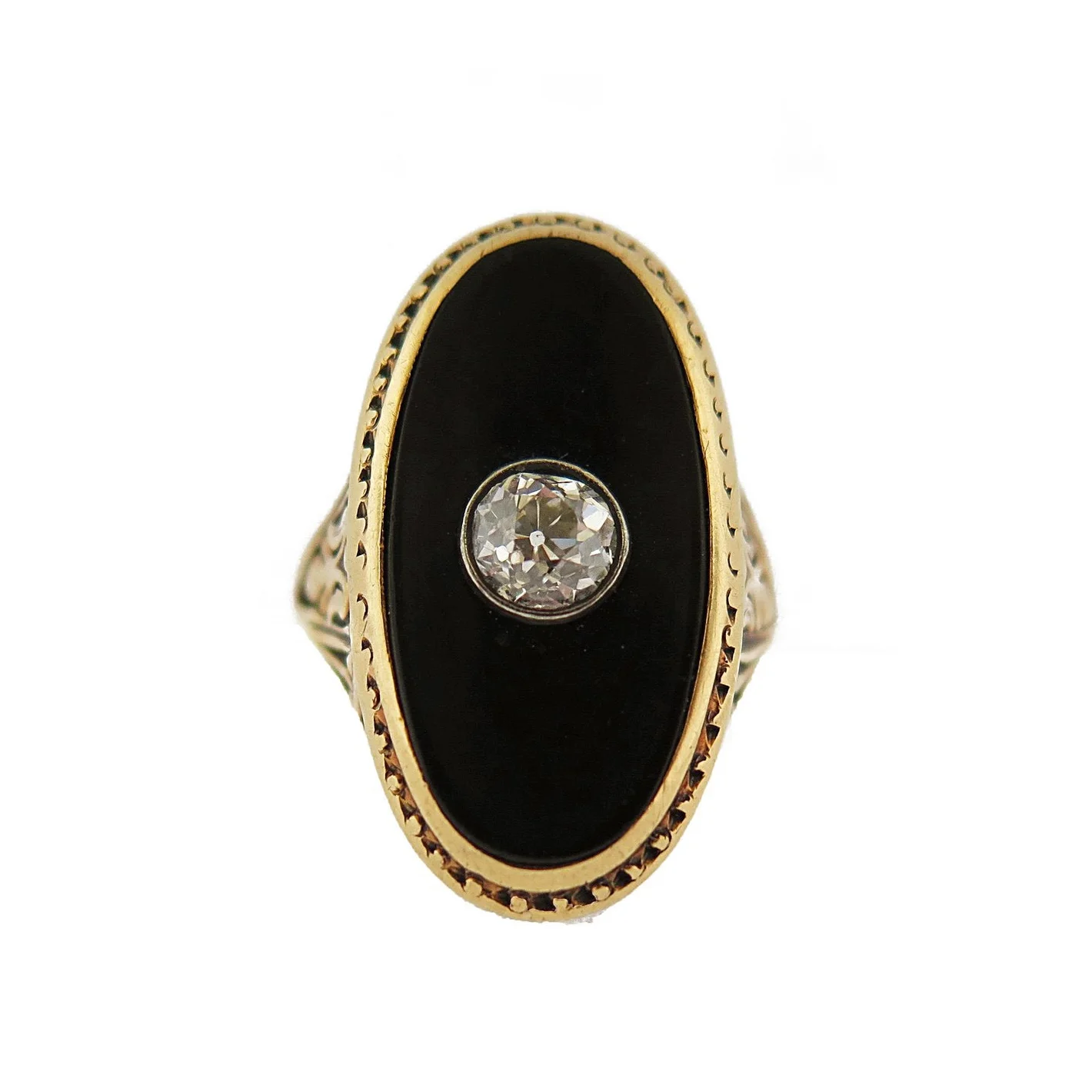 Art Nouveau Onyx and Diamond Oval Ring