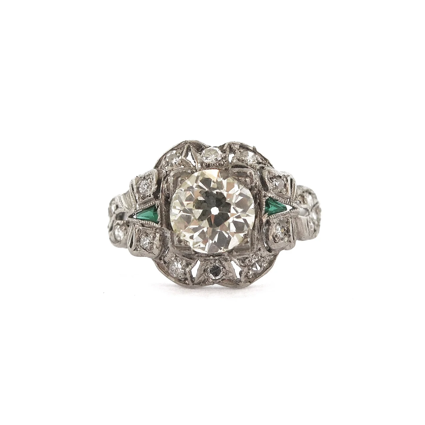 Deco Diamond & Emerald Platinum Ring