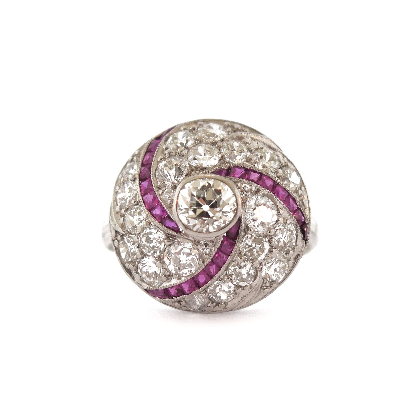 Deco Tornado Ring with Ruby Accents
