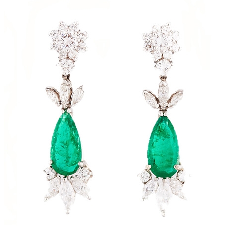 Emerald and Diamond Platinum Drop Earrings
