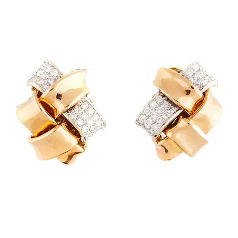 Diamond & Gold Ribbon Button Earrings