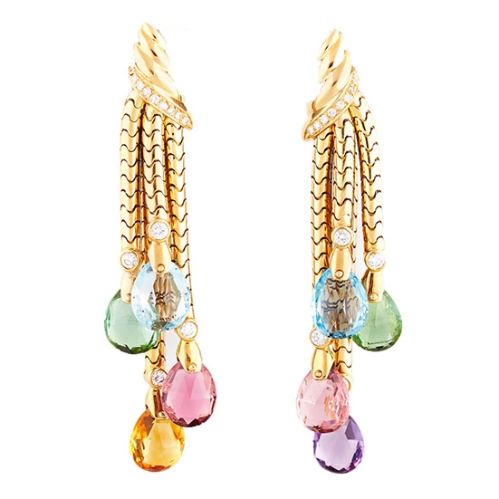 Multi-Color Gem Tassel and Gold Diamond Earrings