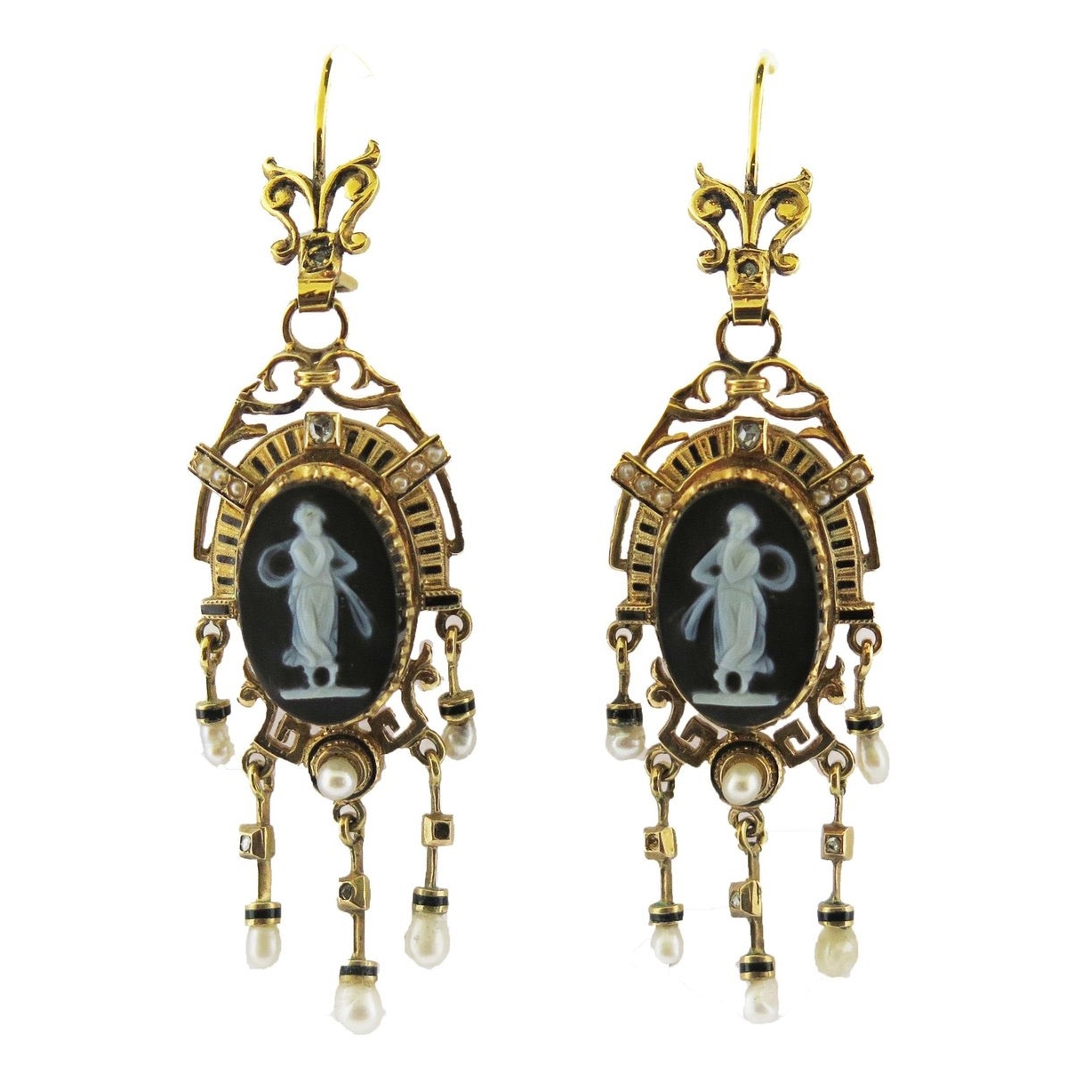 Antique Cameo and Pearl Tassels Long Earrings