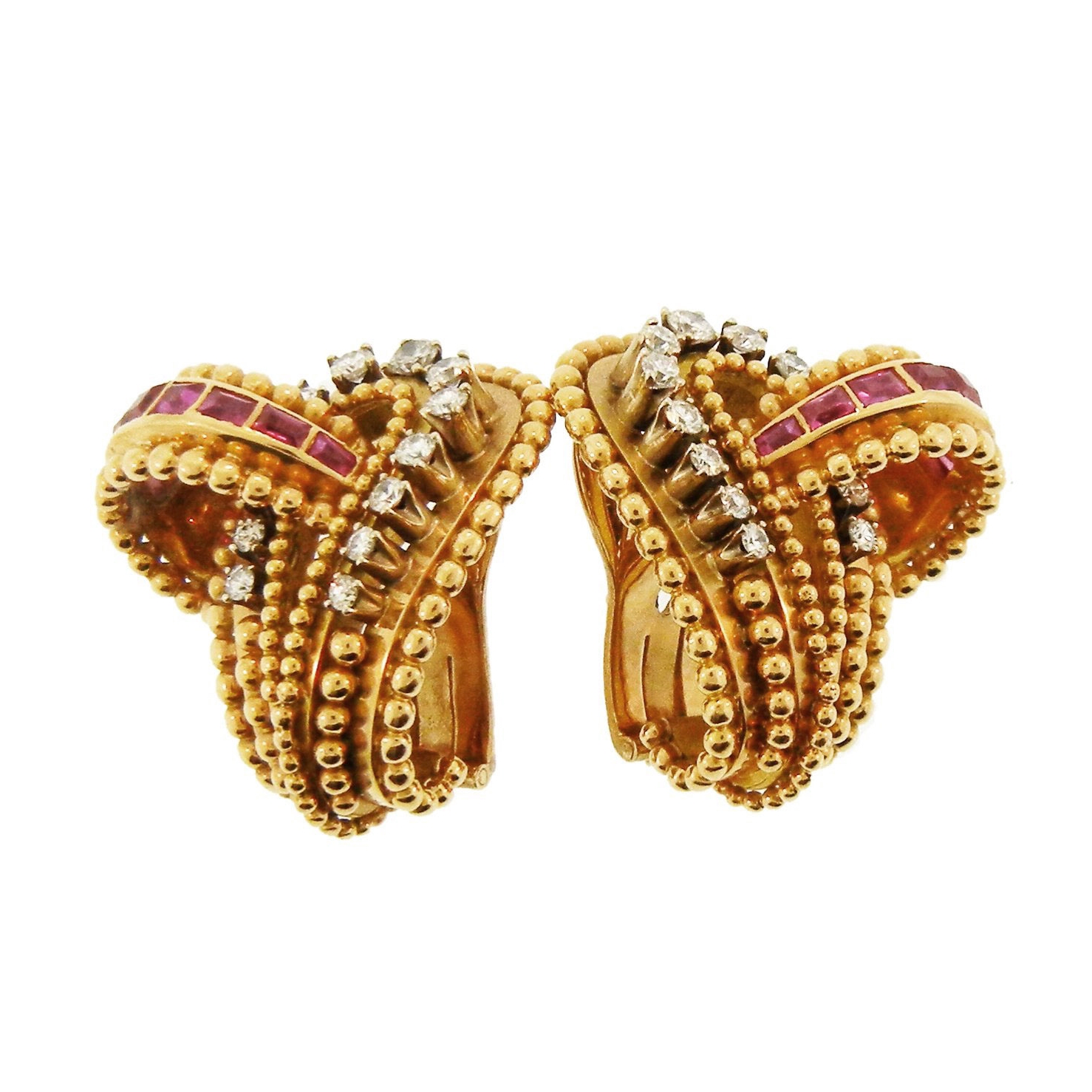 Diamond & Ruby Textured Gold Earrings