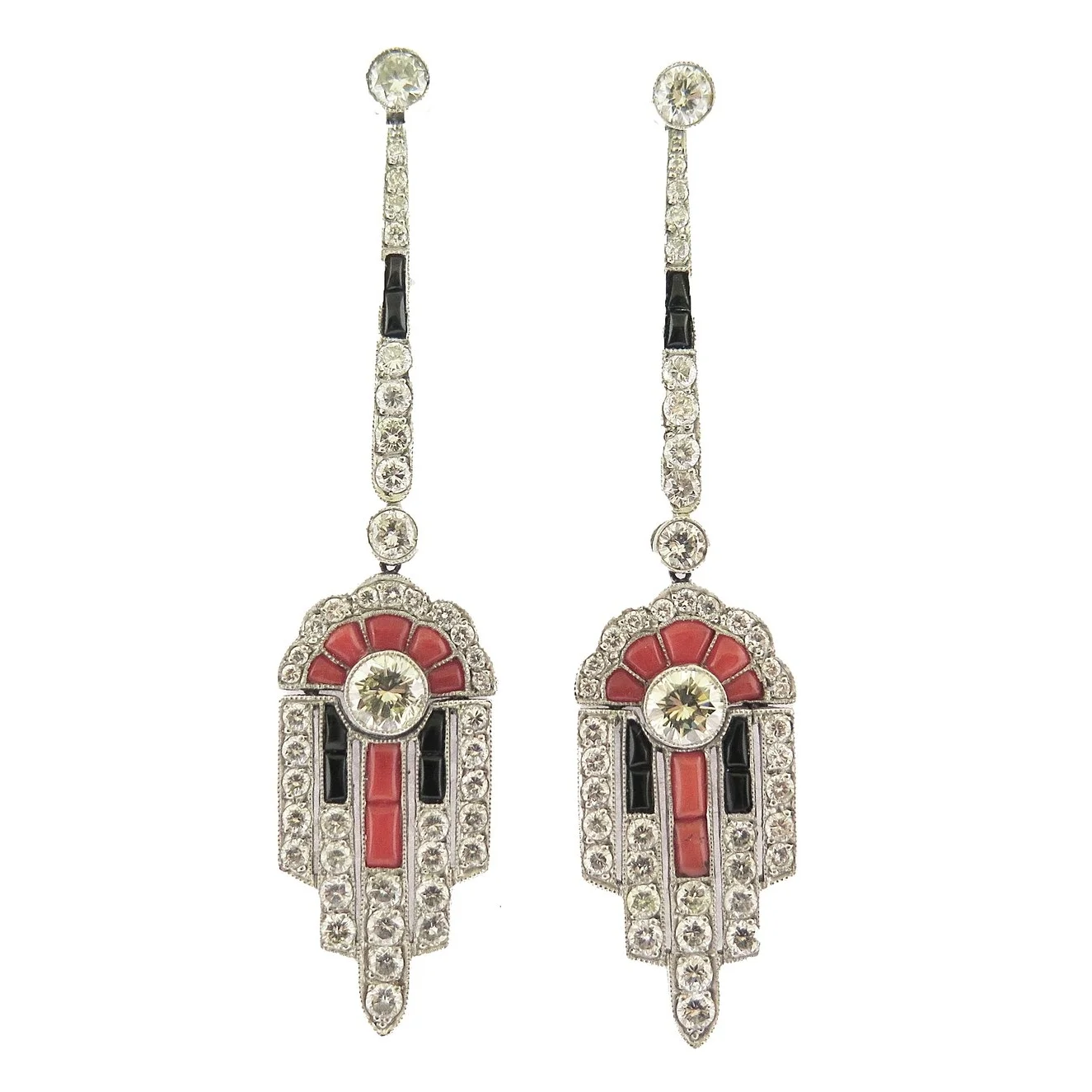 Deco Style Onyx, Coral, and Diamond Ear Pendant