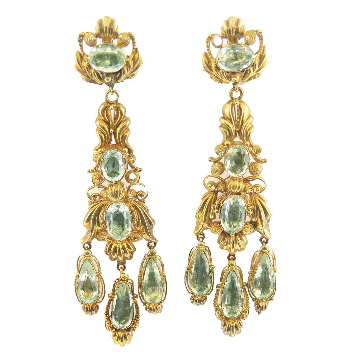 Georgian Repoussè Aquamarine and Gold Earrings