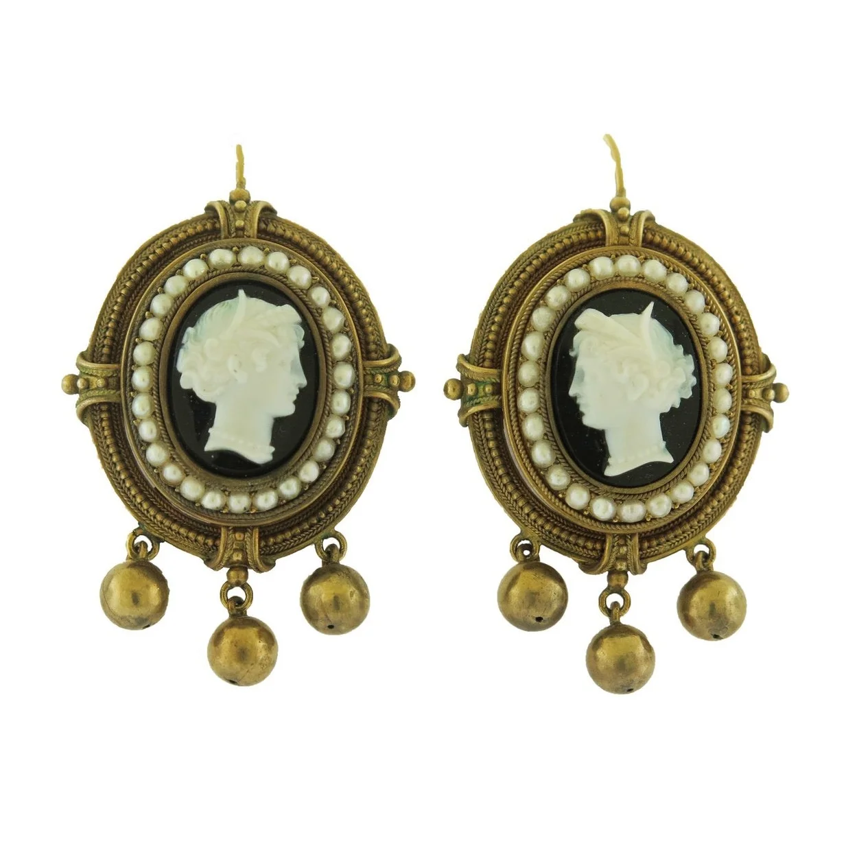 Victorian Cameo and Pearl Gold Earrings