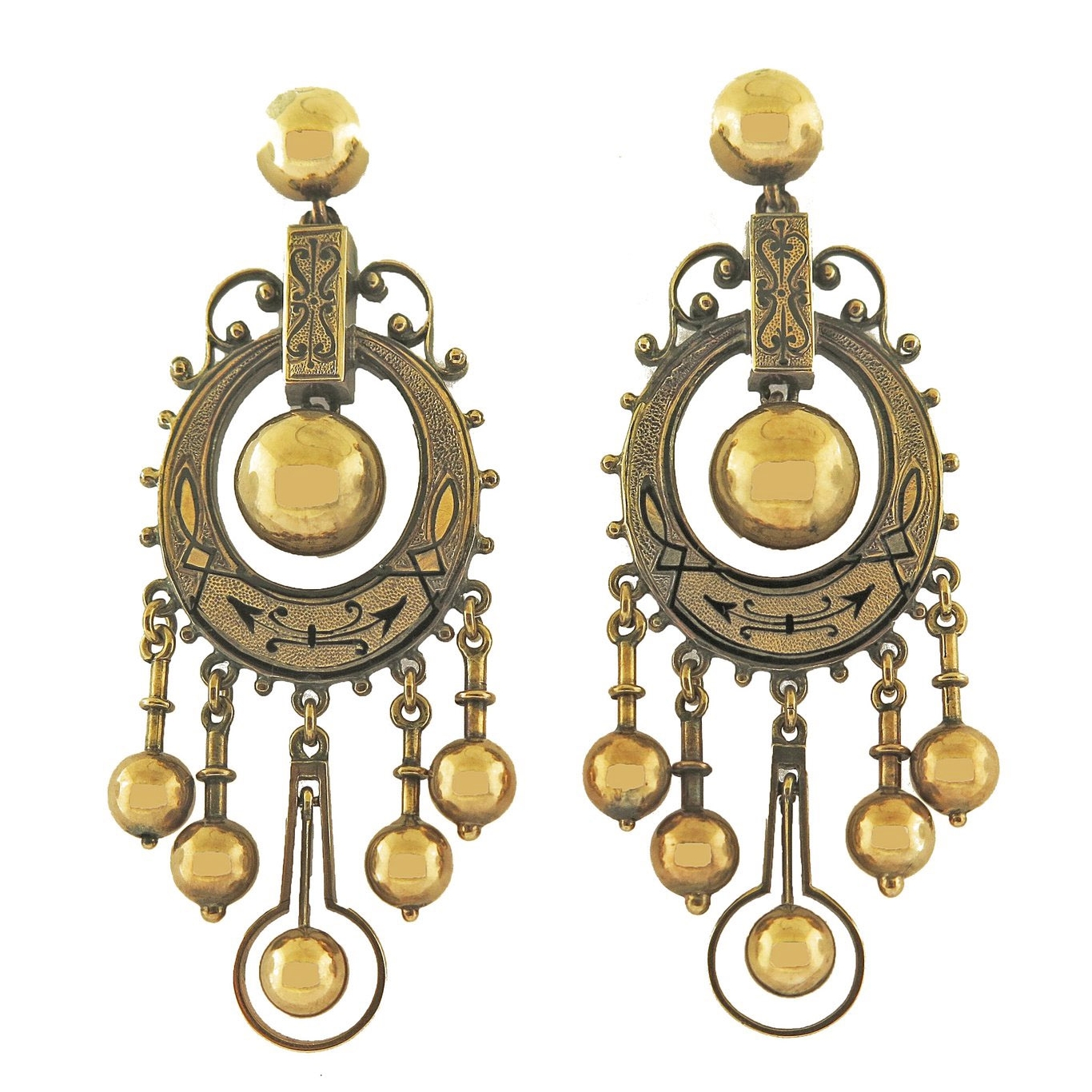 Late 19th Century Black Enamel Tracery Gold Tassel Earrings