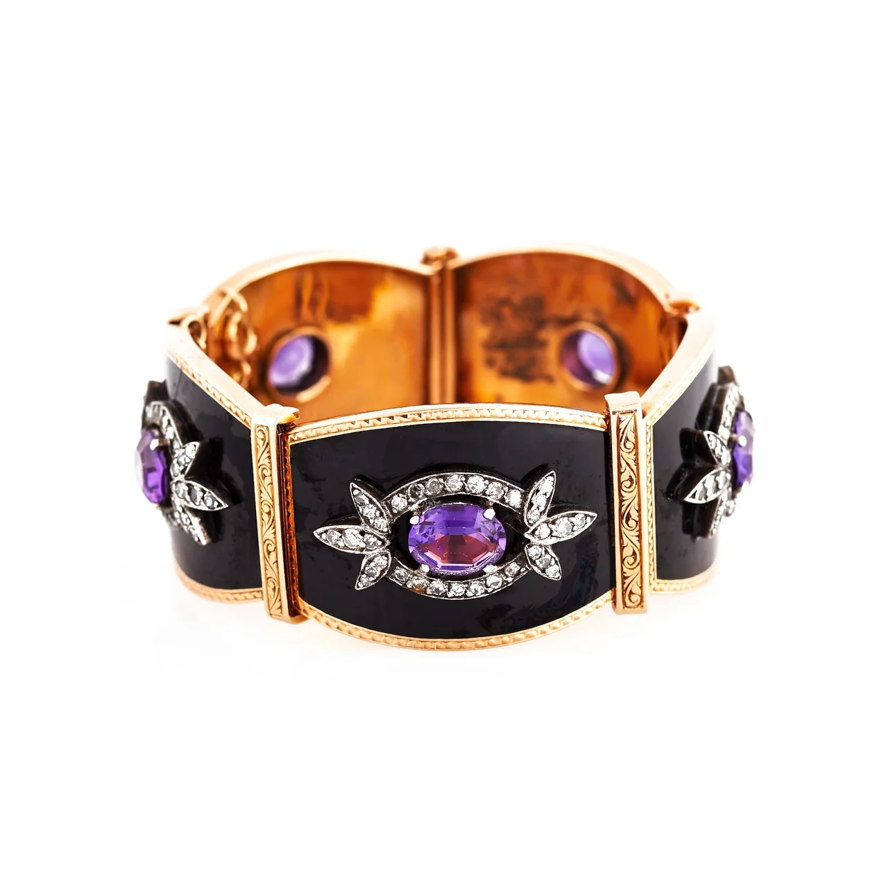 Black Enamel, Amethyst, and Diamond Gold Bracelet