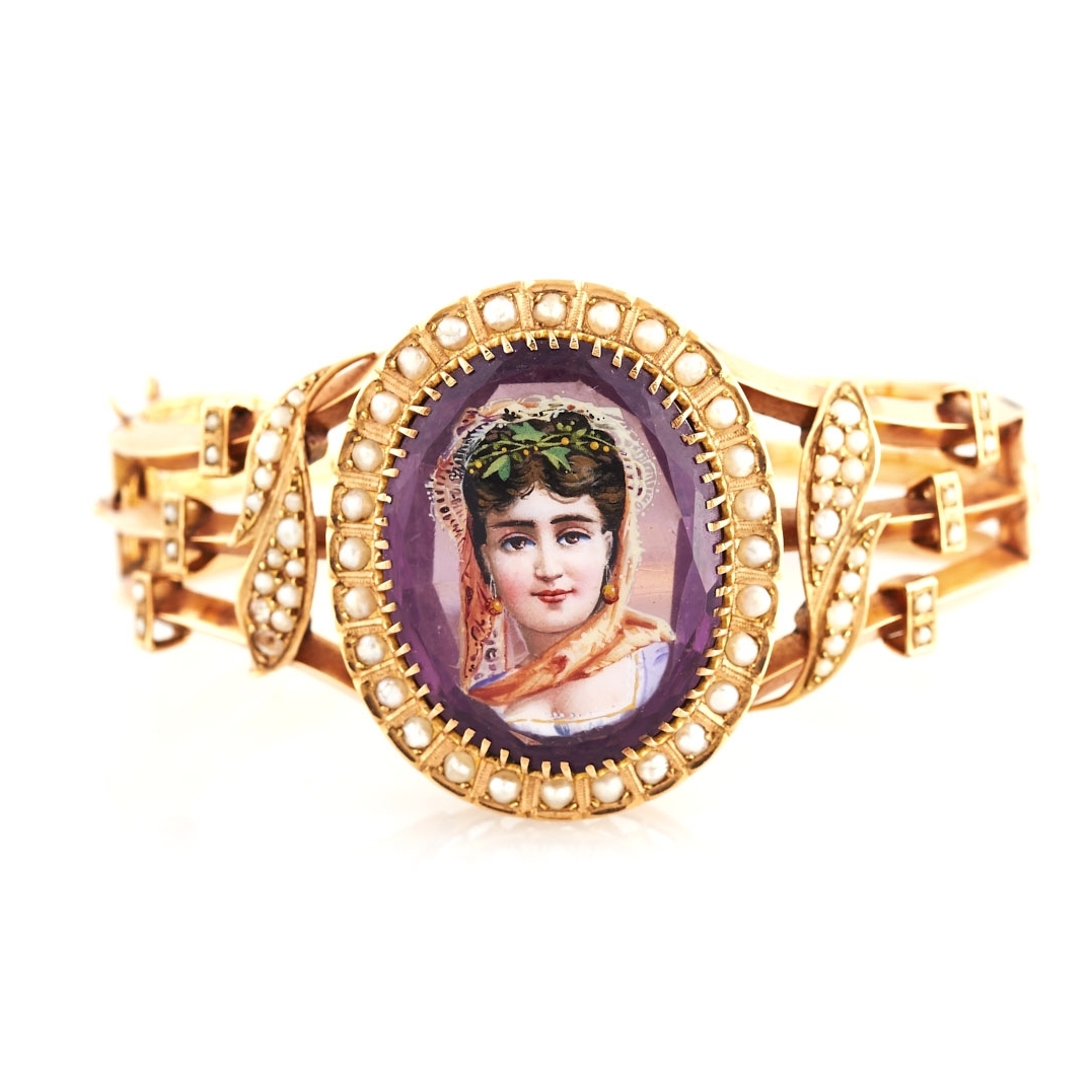 Victorian Enameled Amethyst and Pearl Gold Bracelet
