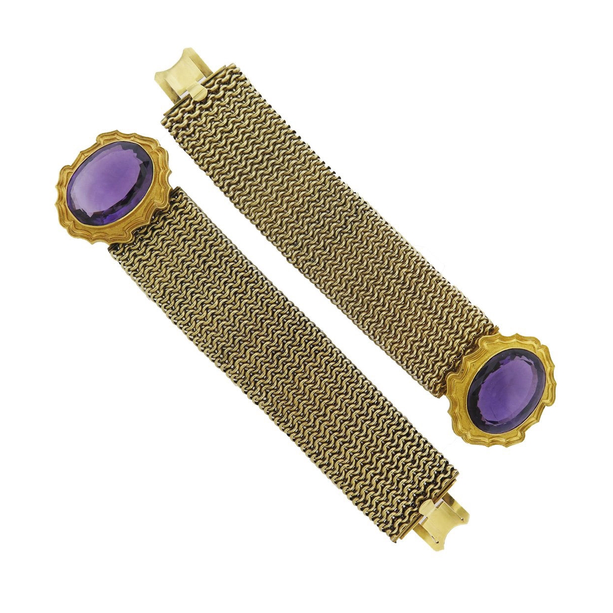 Pair of Antique Amethyst Gold Mesh Woven Bracelets