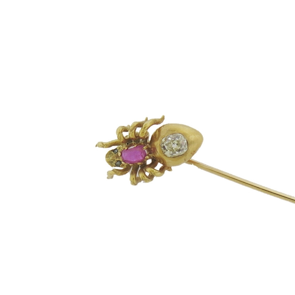 Ruby and Diamond Gold Spider Stick Pin