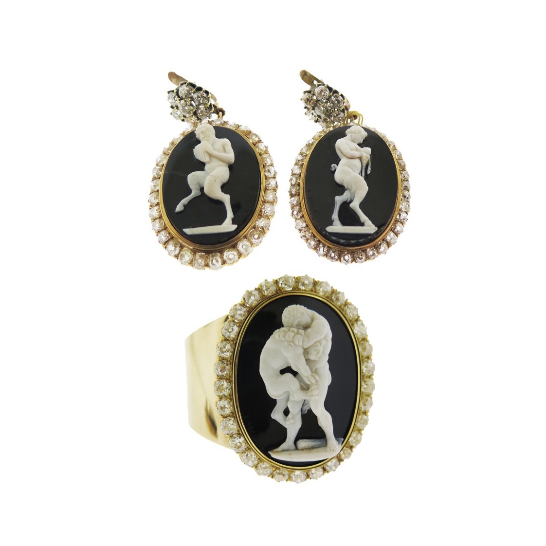 Hard Stone Cameo and Diamond Set - Earrings and Cuff Bracelet