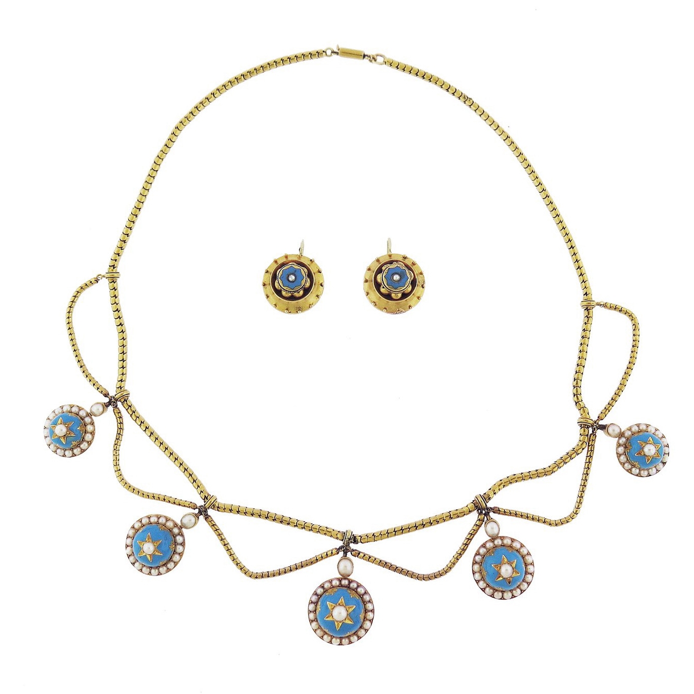 Antique Turquoise and Pearl Gold Necklace and Earrings