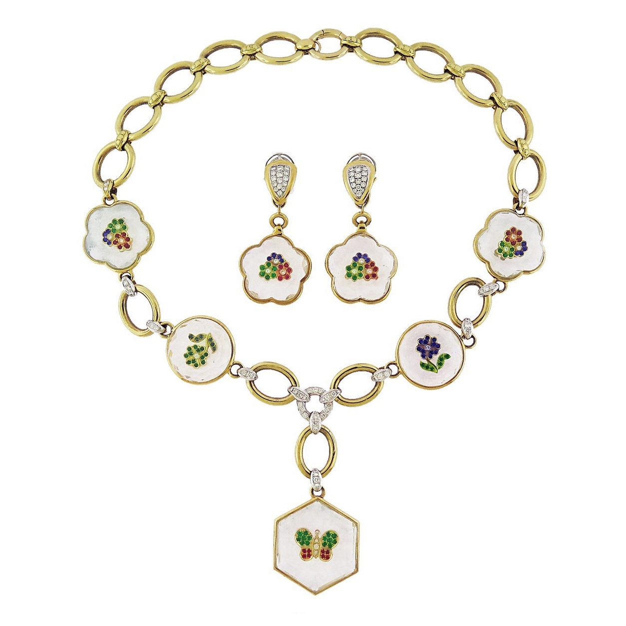 Rock Crystal Gem-Set and Gold Necklace and Earrings Set