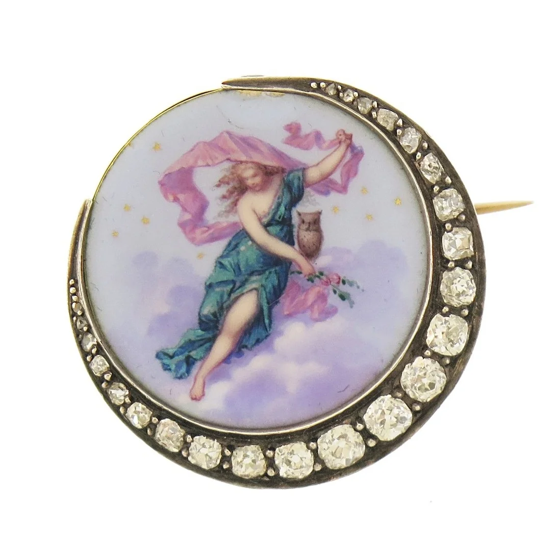 Painted Enamel and Diamond Crescent Moon Brooch