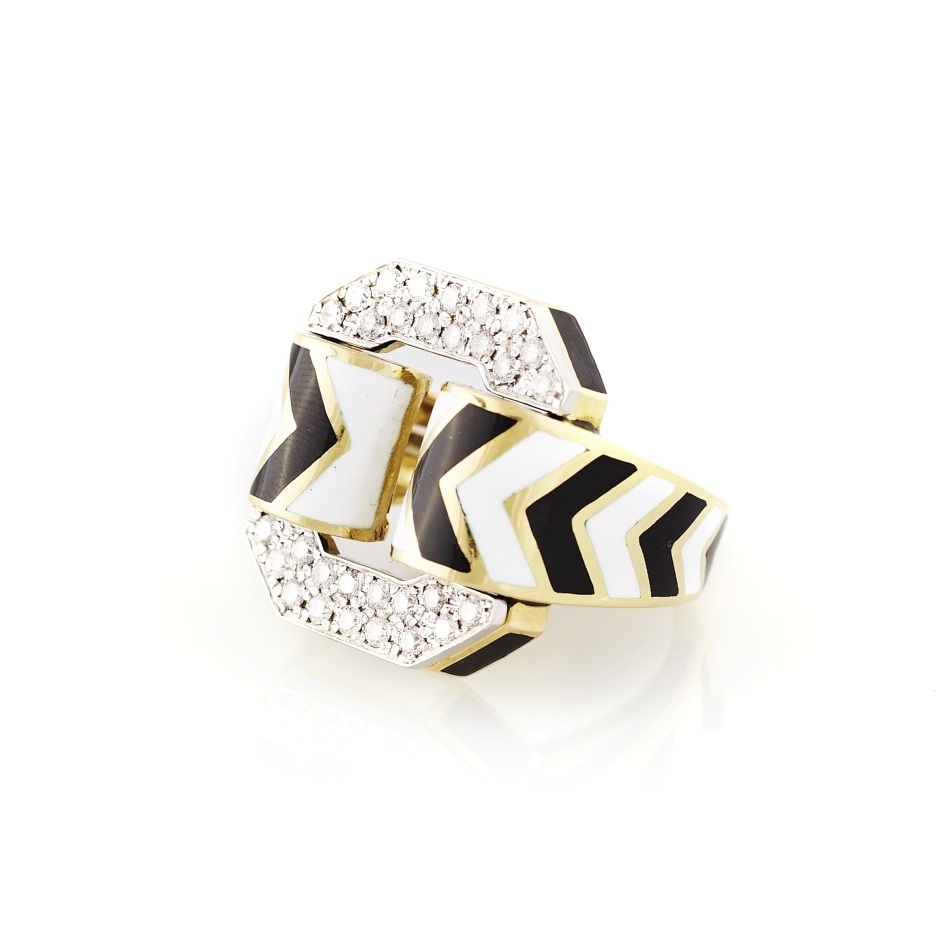 David Webb White and Black Enamel Diamond Ring