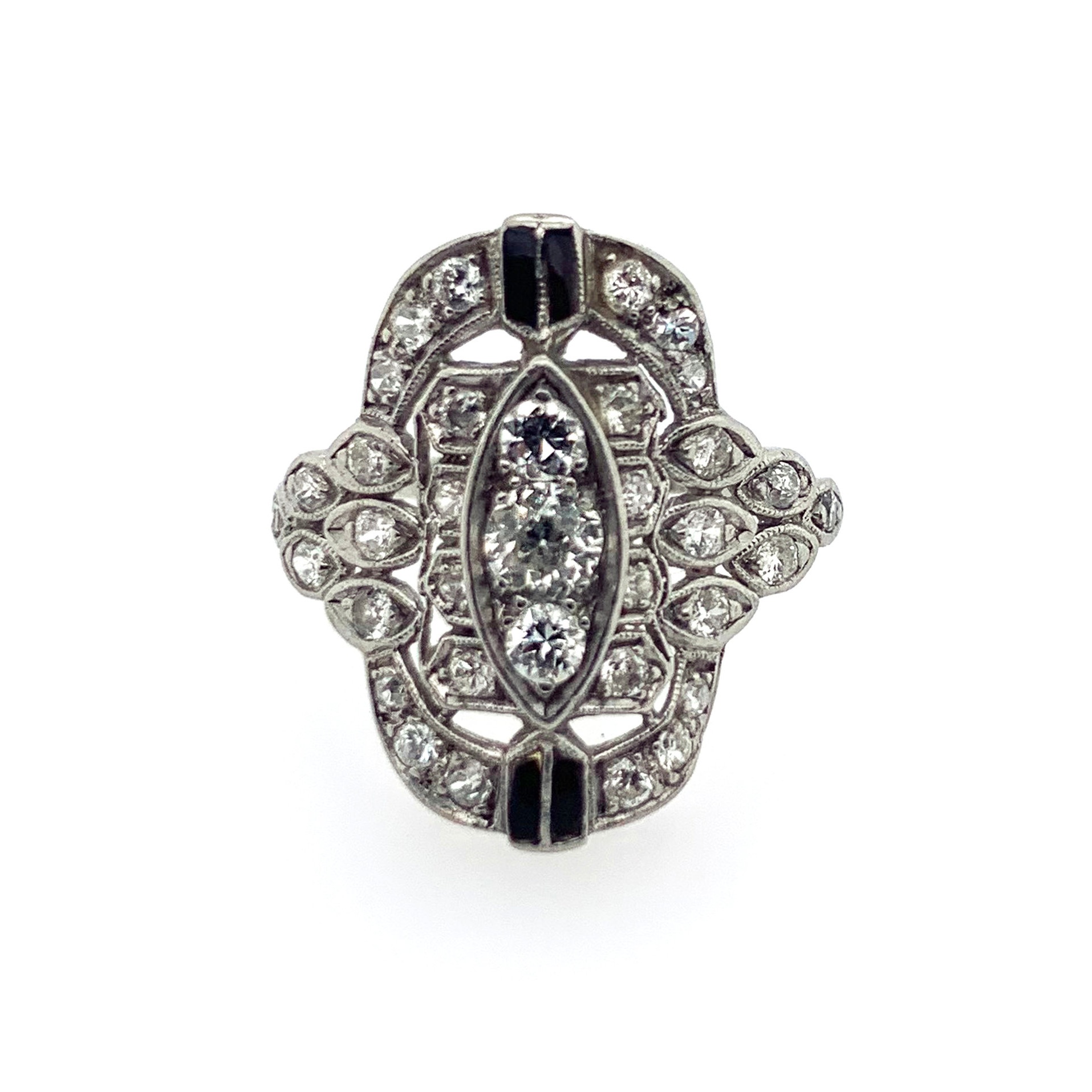 Art Nouveau Diamond Ring with Onyx