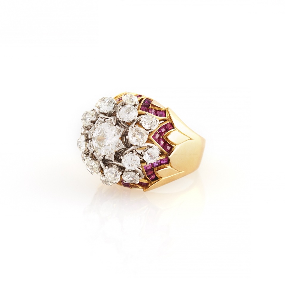 1950s Ruby, Diamond, and Gold Bombe French Ring