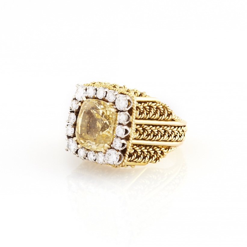 Yellow Sapphire and Diamond Gold Ring