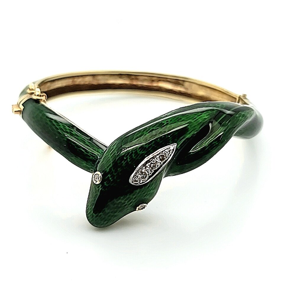 Green Enamel Snake 14 Kt Bracelet