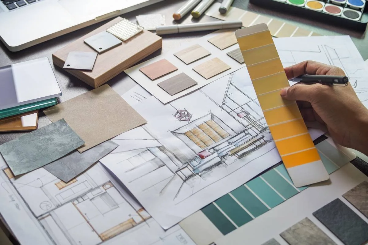 Interior design workspace with color swatch, fabric samples, sketches, and paint palette for home renovation.
